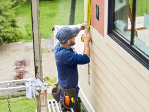 A siding contractor carefully measuring during an installation project, ensuring precision for Ideal Siding Nashville, TN.