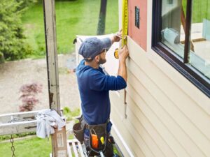 A siding contractor measuring and marking siding panels on a house by Ideal Siding Dallas, TX.
