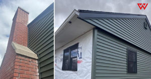 Siding installation in progress on a house, showing green siding and house wrap by Wisconsin Exteriors in Kaukauna, WI.