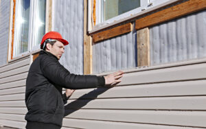 A siding contractor installing new vinyl siding on a house, demonstrating expert work by Stephenson Exteriors LLC in Cincinnati, OH.