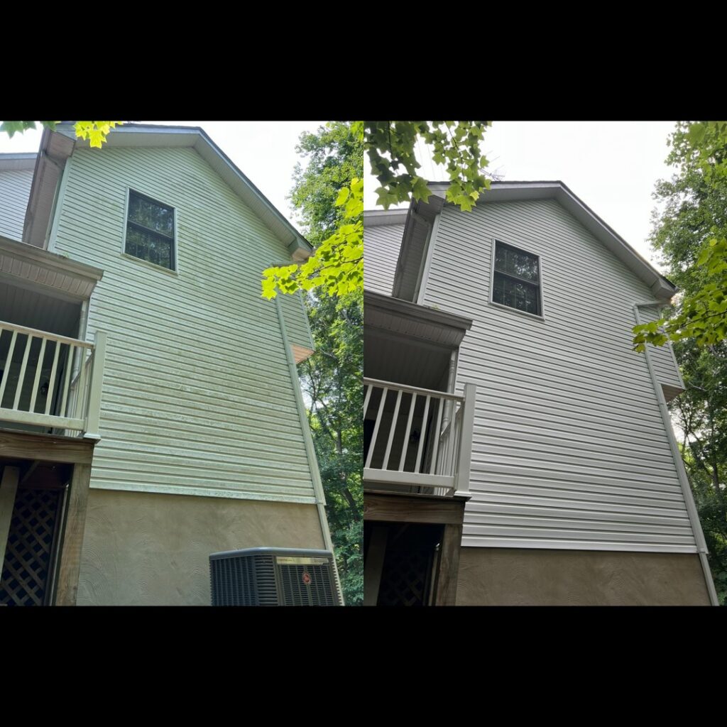 Before and after power washing of house siding by Miles Dynamic Cleaning in Baltimore, MD, revealing a clean surface