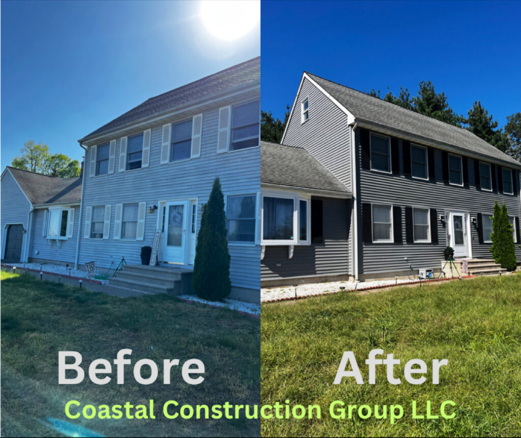 Before and after view of a house with new dark gray siding installed by Coastal Construction Group LLC in Cheshire, CT.
