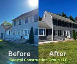 Before and after view of a house with new dark gray siding installed by Coastal Construction Group LLC in Cheshire, CT.