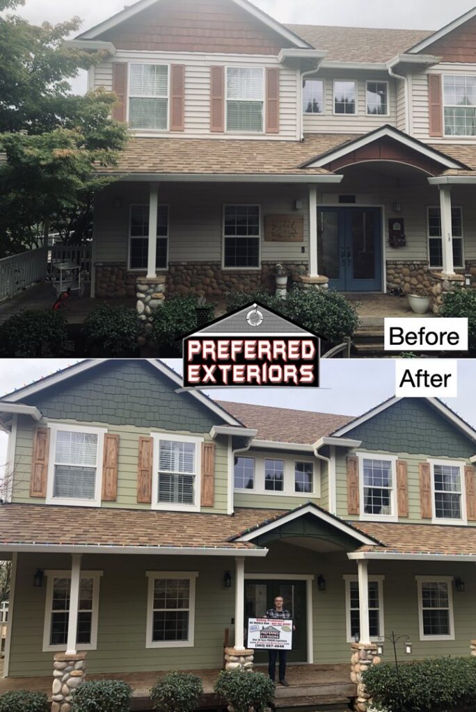 Before and after photos of a house with new green siding installed by Preferred Exteriors in Roswell, GA