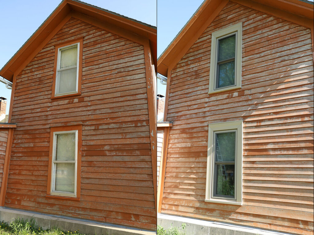Before and after comparison of a house with old, weathered siding replaced by River City Exteriors in San Antonio, TX