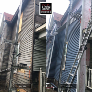 Before and after view of a house with new siding installed by Storm Group Roofing in Brooklyn Park, MN.