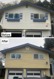 Before and after photos of a house with new yellow siding installed by Preferred Exteriors in Roswell, GA