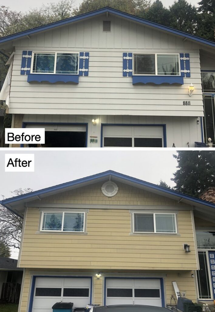 Before and after photos of a house with new yellow siding installed by Preferred Exteriors in Roswell, GA