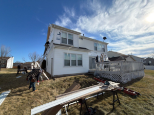 A siding replacement project underway on a house by Legend Exteriors & Construction in West Chicago, IL