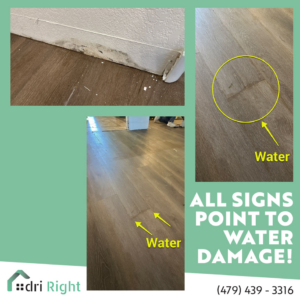 A collage showing signs of water damage including peeling baseboards and swollen laminate flooring, by Dri Right Restoration of Arkansas in Springdale, AR.