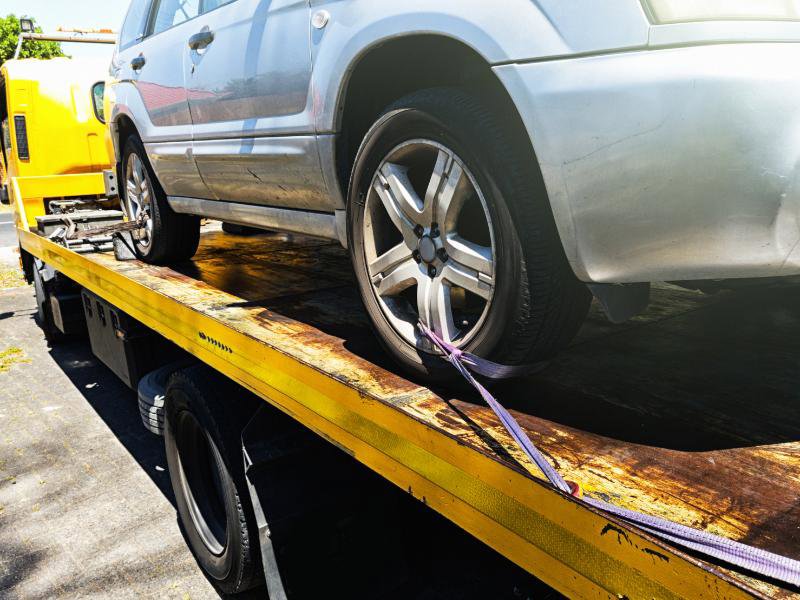 A silver SUV secured on a yellow flatbed tow truck for Spokane Towing Services in Spokane, WA.