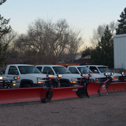 A line of white pickup trucks equipped with red snow plows, ready for snow removal service by LAWN Sharks LLC in Colorado Springs, CO.