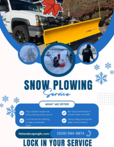 A snow plowing truck, snow blower, and a person shoveling snow for MZ Landscaping LLC in Yakima, WA.