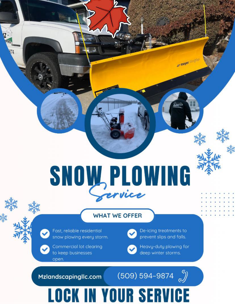 A snow plowing truck, snow blower, and a person shoveling snow for MZ Landscaping LLC in Yakima, WA.