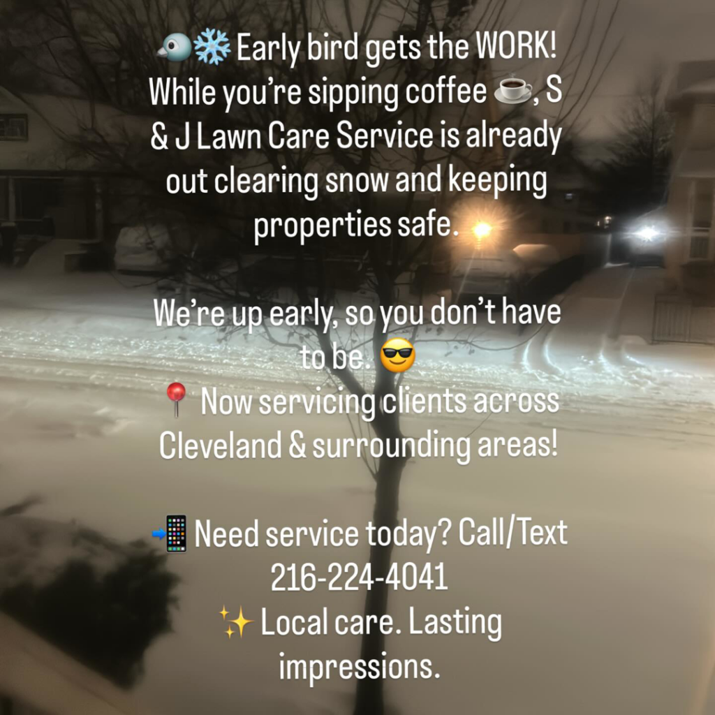 A snow-covered street and houses at night, cleared by S & J Lawn Care Service in Sandston, VA.