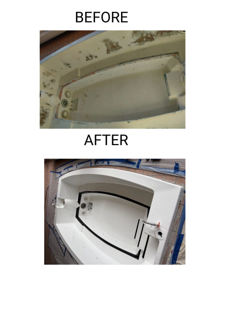 Before and after photos of a spa or hot tub resurfacing project by Platinum Pools in Houston, TX