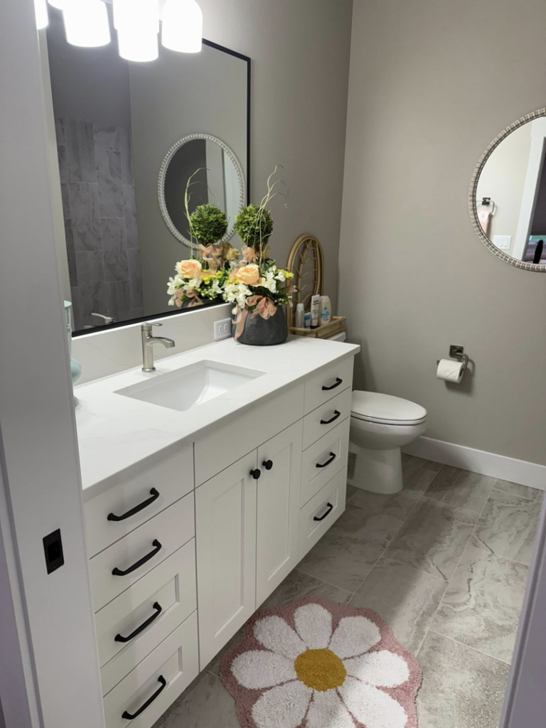 A sparkling clean modern bathroom after professional house cleaning by Mireles Cleaning LLC in Caldwell, ID.