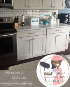A sparkling clean kitchen with white cabinets and subway tile backsplash, showcasing the results of Prettysmile Residential Cleaning in Newark, DE