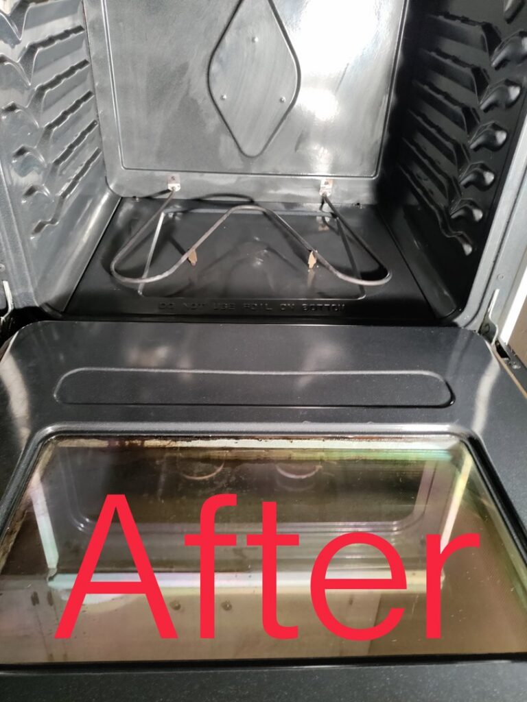 A sparkling clean oven interior, marked 'After' deep cleaning service by Mighty Mess Maid in Elizabethtown, KY.