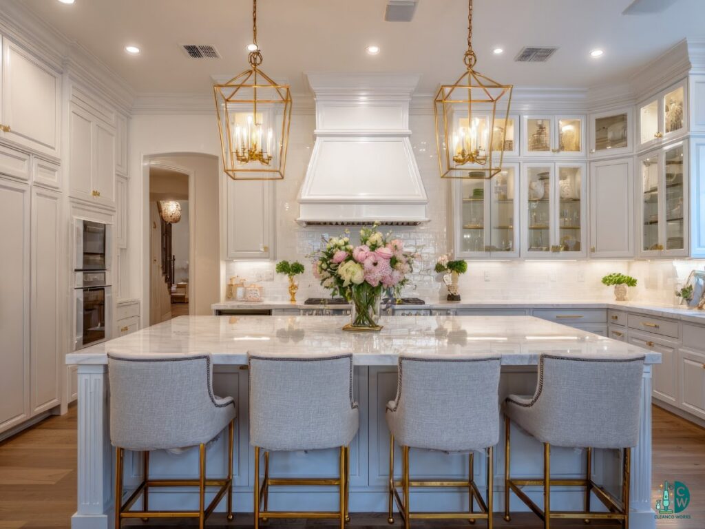 A sparkling clean, luxurious kitchen with white cabinets and gold accents, showcasing the quality work of CleanCo Works in Scottsdale, AZ.