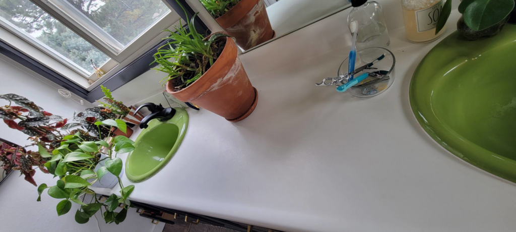 A spotless bathroom countertop and green sink, highlighting the thorough cleaning services of Rachel Blume Residential Cleaning Specialist in Sheridan, WY.