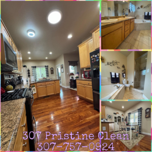 A collage of spotless home interiors, including a kitchen, bathroom, and dining area, demonstrating professional house cleaning by 307 Pristine Clean in Cheyenne, WY.