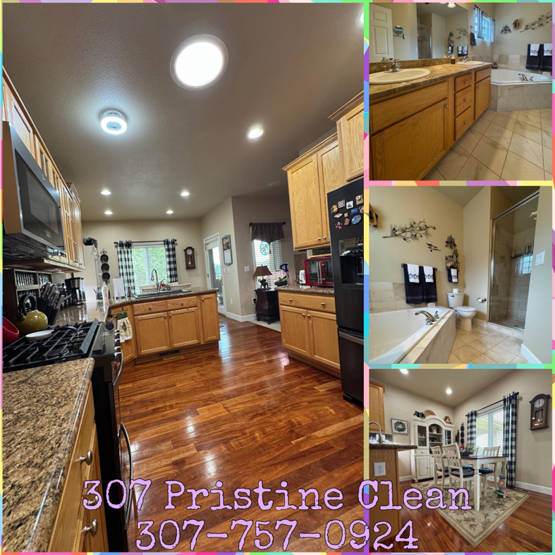 A collage of spotless home interiors, including a kitchen, bathroom, and dining area, demonstrating professional house cleaning by 307 Pristine Clean in Cheyenne, WY.