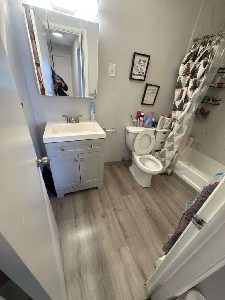 A spotless residential bathroom with a clean toilet, shower, and vanity, expertly cleaned by Cleaning with Kay in Syracuse, NY.