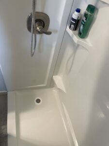 A spotless shower interior with a clean shower head and organized bottles, cleaned by Maid In Indy in Indianapolis, IN.