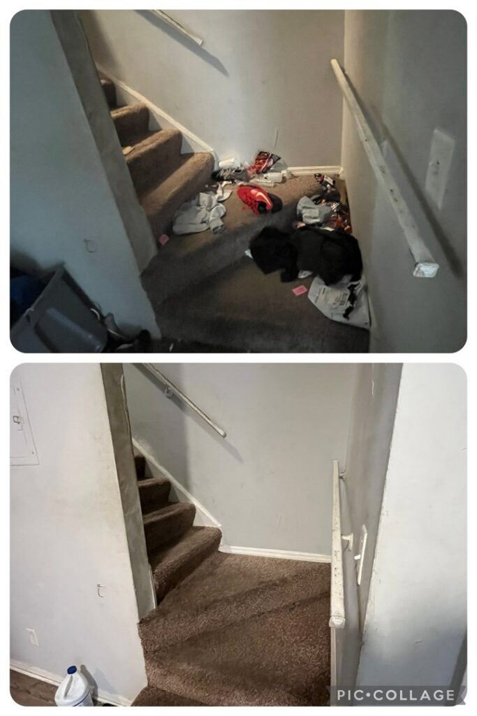 Before and after photos of a staircase cleaned by ACD Cleaning LLC in Cincinnati, OH, demonstrating their attention to detail.