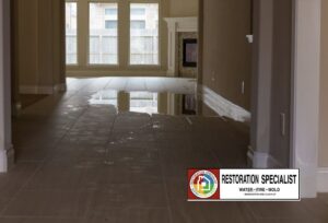Standing water on a tiled floor in a room after water damage, requiring restoration by Restoration Specialist in O Fallon, MO.