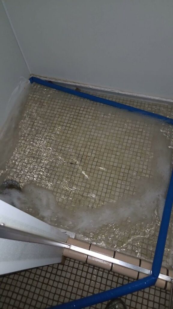 A tiled floor with standing water contained by blue barriers, showing water damage by North Shore Restore in Duluth, MN