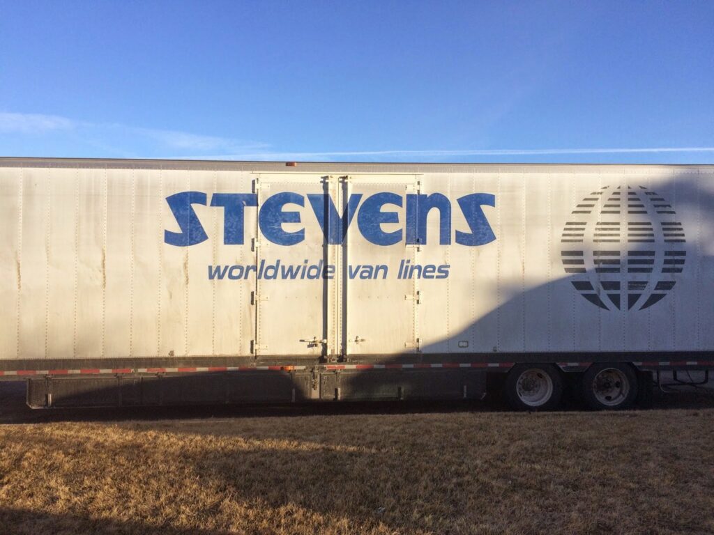A Stevens Worldwide Van Lines moving trailer, part of N. L. Wilson Moving and Storage's services in Olathe, KS.