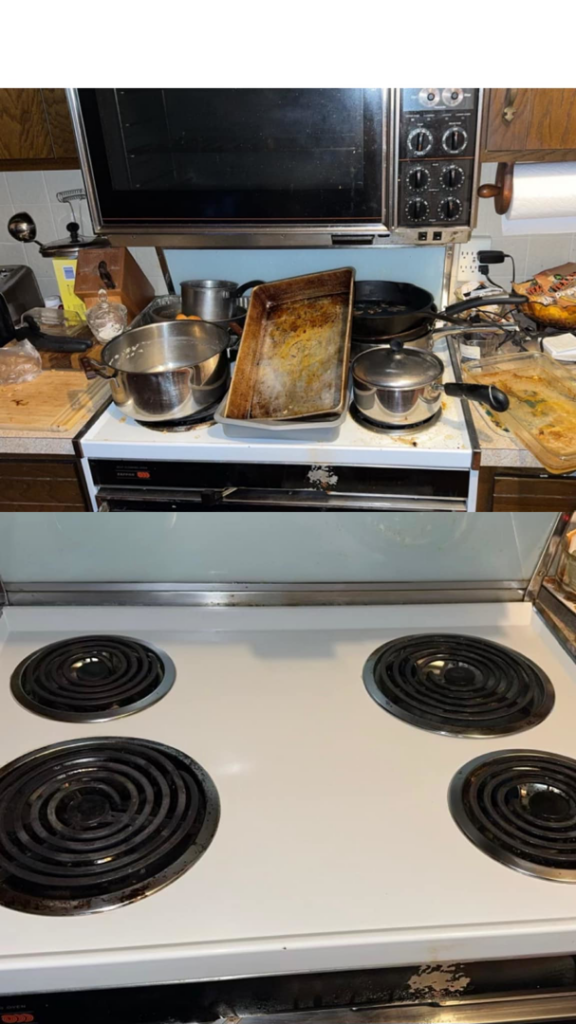 Before and after of a kitchen stove professionally cleaned by Wichita Cleaning Crew in Wichita, KS.