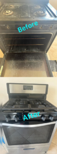 A before and after comparison showing a thoroughly cleaned stove and oven by White Sands Spotless Cleaning in Alamogordo, NM.