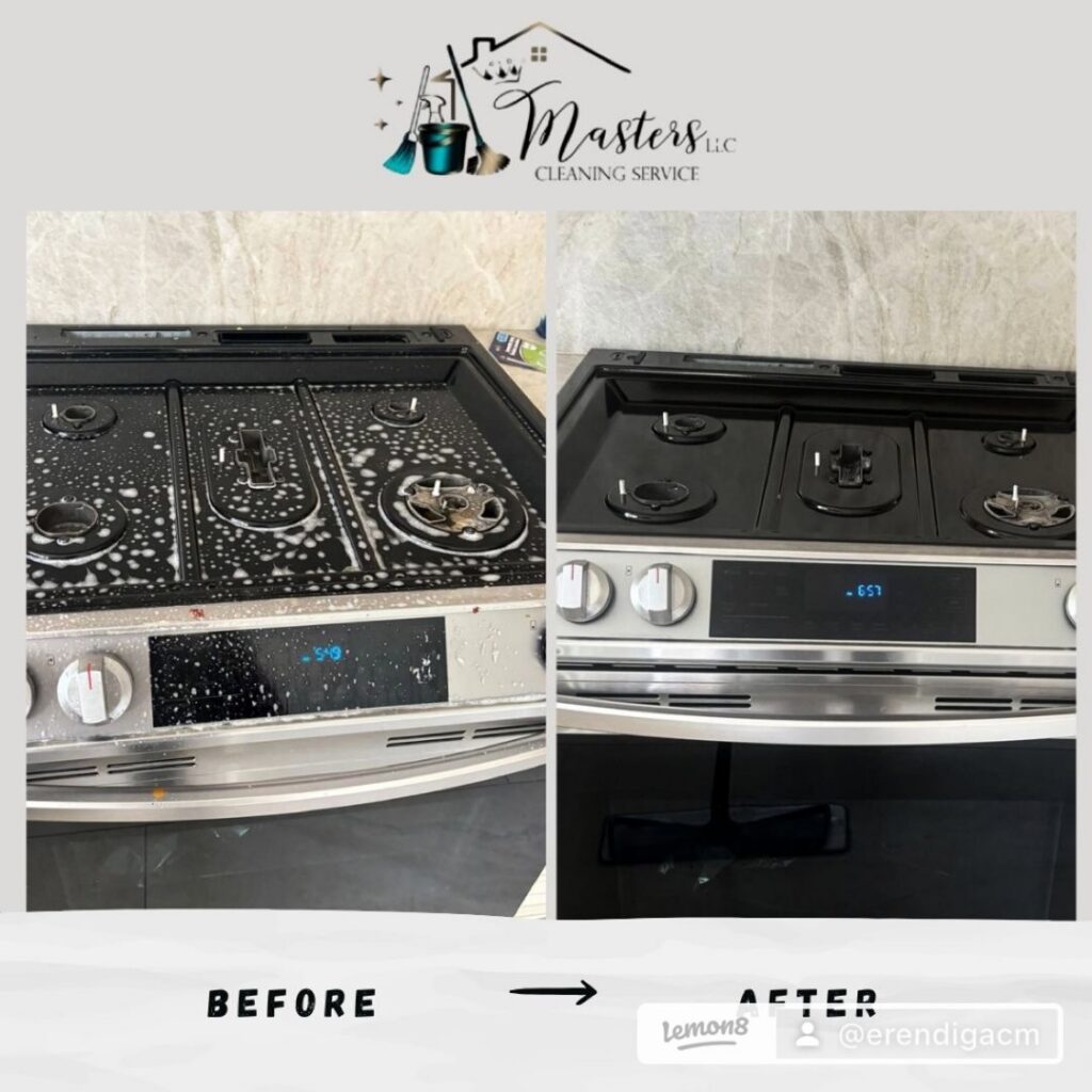 Before and after comparison of a sparkling clean stove top by Cleaning Service Masters LLC in Escondido, CA