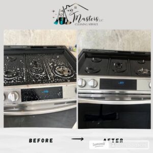 Before and after comparison of a sparkling clean stove top by Cleaning Service Masters LLC in Escondido, CA