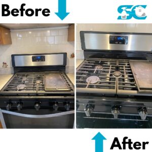 A before and after comparison of a stove top and oven, thoroughly cleaned by So Clean Cleaning Services in East Providence, RI.