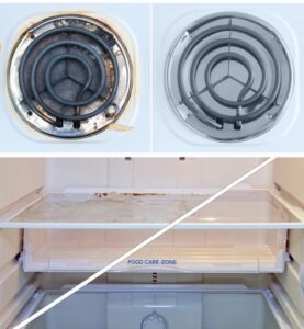 Before and after comparison of a dirty stovetop burner and a grimy refrigerator drawer, professionally cleaned by Lawton Cleaning Services in Lawton, OK