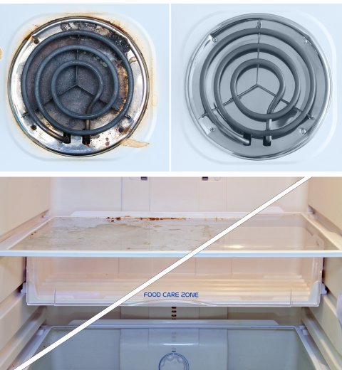 Before and after comparison of a dirty stovetop burner and a grimy refrigerator drawer, professionally cleaned by Lawton Cleaning Services in Lawton, OK