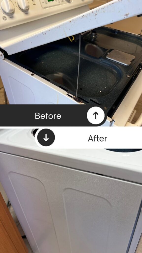A before and after comparison showing a dirty stovetop transformed into a clean surface by JBO Cleaning Services in Belle Chasse, LA.