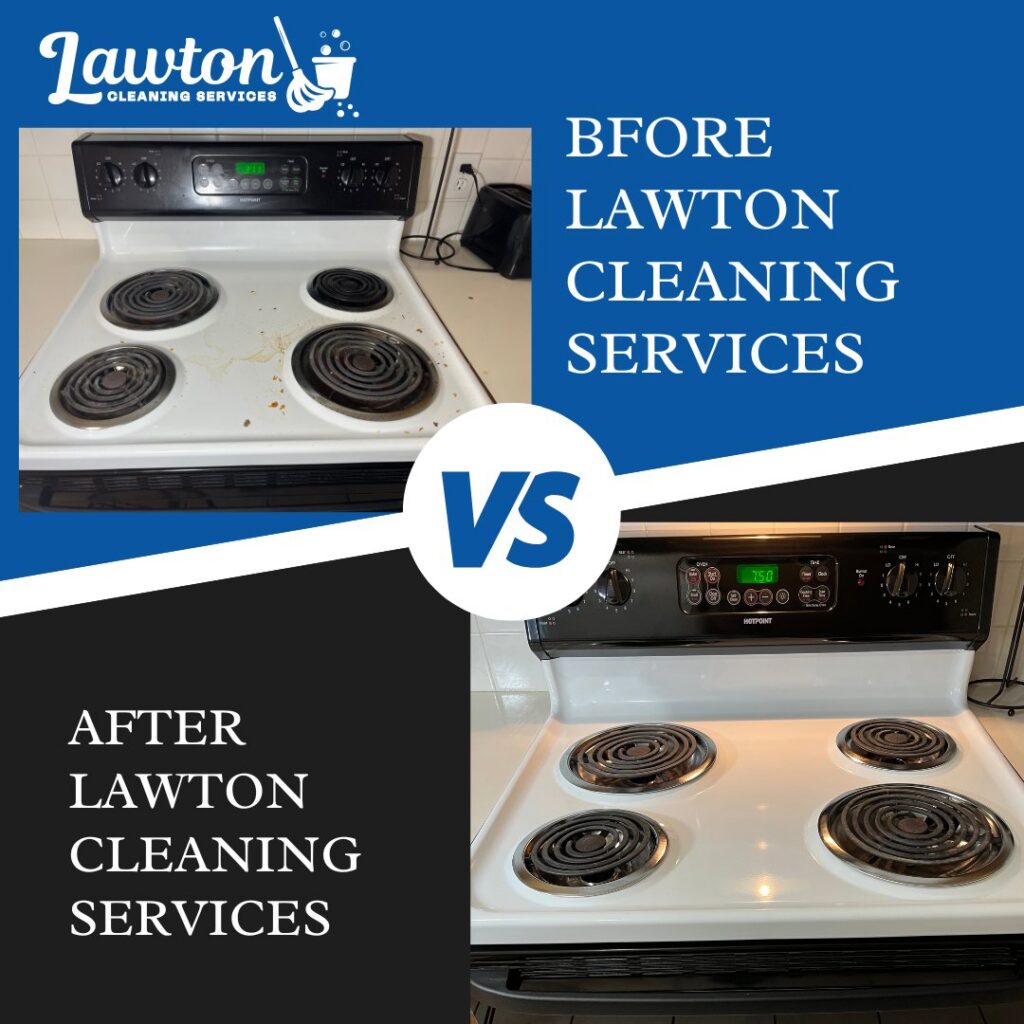 Before and after comparison of a kitchen stovetop, cleaned to perfection by Lawton Cleaning Services in Lawton, OK