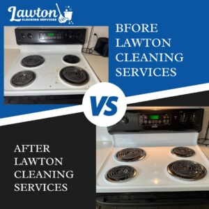 Before and after comparison of a kitchen stovetop, cleaned to perfection by Lawton Cleaning Services in Lawton, OK