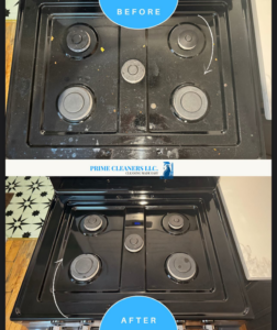 Before and after comparison of a stovetop cleaned by Prime Cleaners LLC in Kansas City, MO.