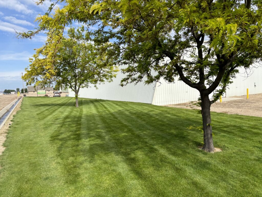 A neatly striped lawn at a commercial property, maintained by Luna's Lawn Care LLC in West Des Moines, IA.