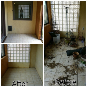 Before and after photos of a sunroom or patio floor cleaned by Mountain View Cleaners in Albuquerque, NM