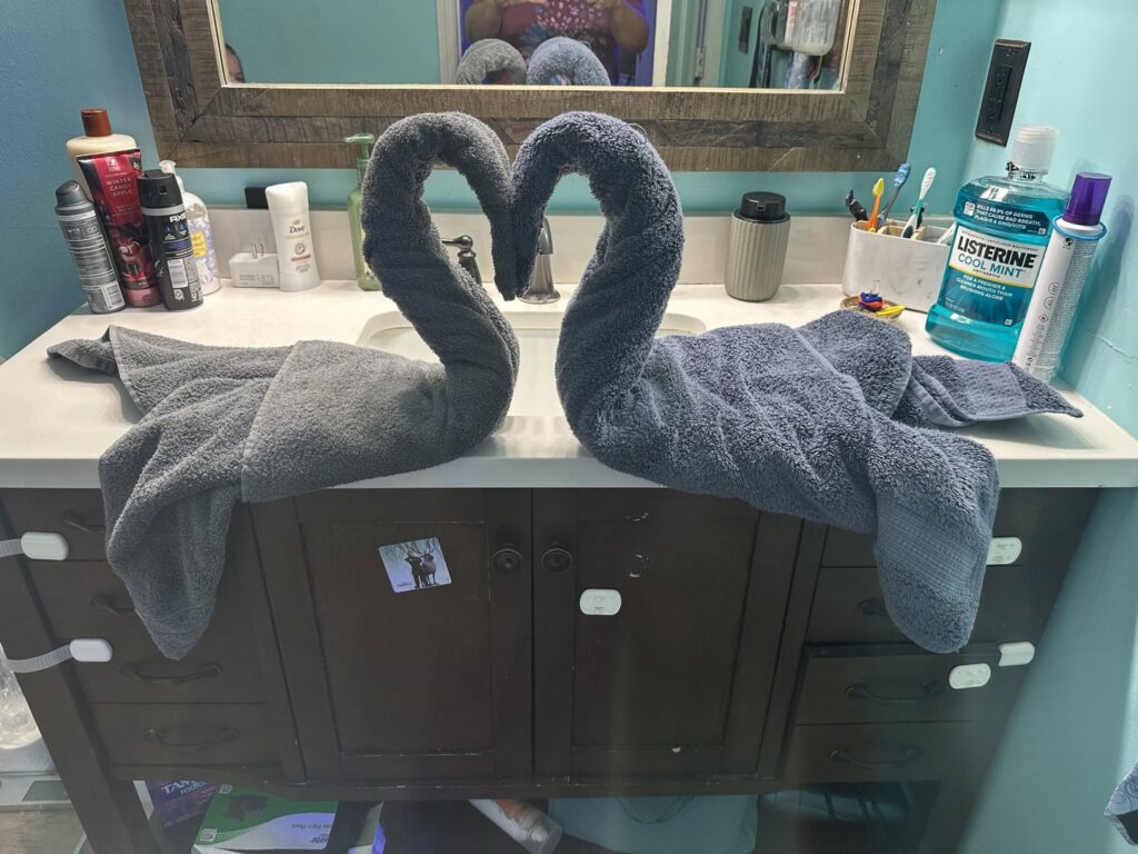 Two towels artfully folded into swan shapes on a clean bathroom vanity by Nichole's Cleaning Service in Fort Wayne, IN