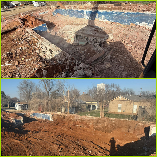 A before and after collage showing a swimming pool demolition and excavation by Enfield Demolition & Excavation LLC in Enid, OK.
