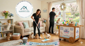 A cleaning team from Tiny Bubbles Cleaning mopping floors and washing windows in a living room in Summerville, SC.