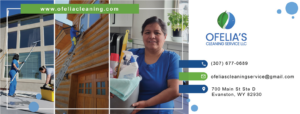 A team of cleaners cleaning windows and an employee holding cleaning supplies for Ofelia's Cleaning Service in Evanston, WY.